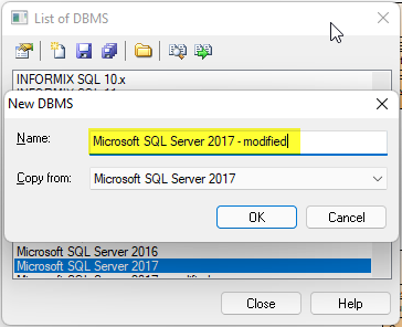 In the example shown here, the new DBMS resource file with the user-assigned name 'Microsoft SQL Server 2017 - modified' is copied from the DBMS resource file 'Microsoft SQL Server 2017'.